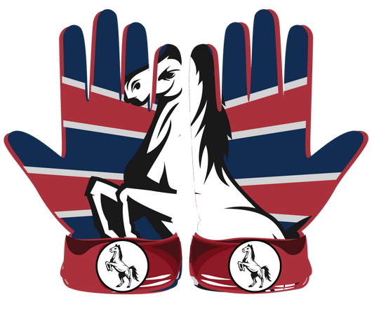 White Mustang With Blue and Red Background Glove